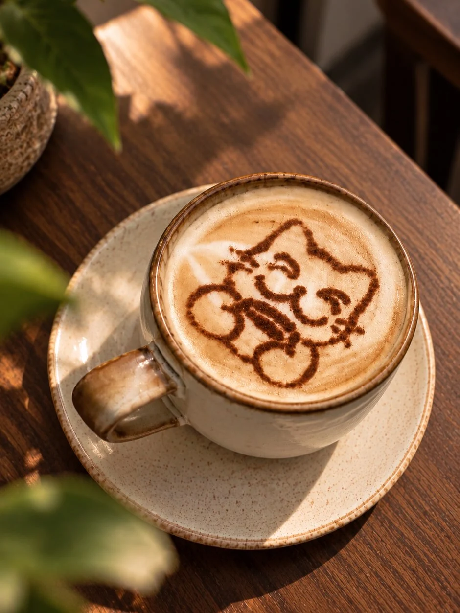 Cappuccino latte art chat chez NĀU CAFÉ