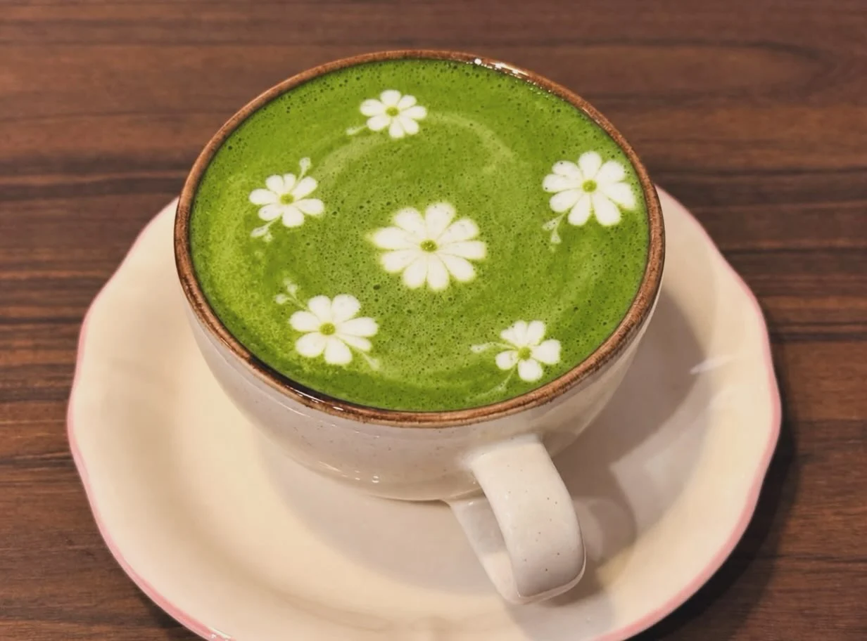 Matcha latte art fleurs chez NĀU CAFÉ